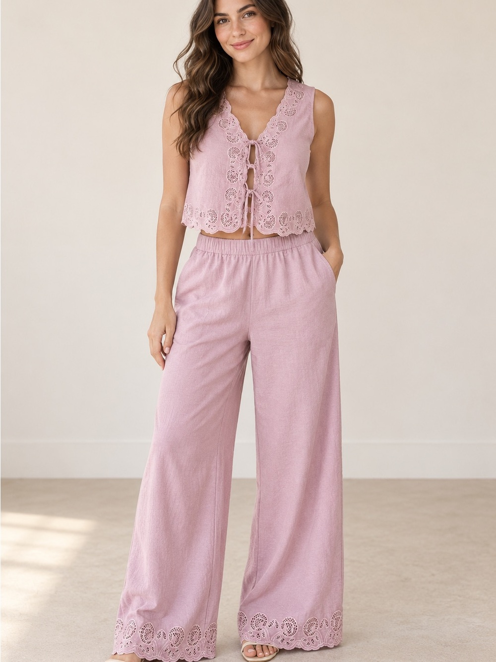 Adrianna Papell Pink Eyelet Lace Two Piece Pants Set Medium